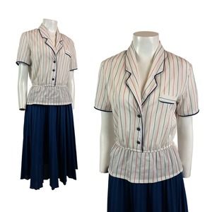 1980s Semi Sheer Stripe Peplum Waist Dress Pleated Full Skirt / Women’s Small *
